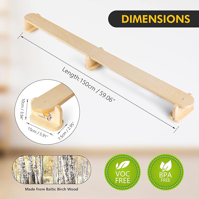Wooden Balance Beam for Toddlers – Non-Slip, Non-Toxic Birch Gymnastics Beam for Indoor & Outdoor Play – Obstacle Course Toy for Kids 18 Months to 5 Years – Enhances Gross Motor Skills