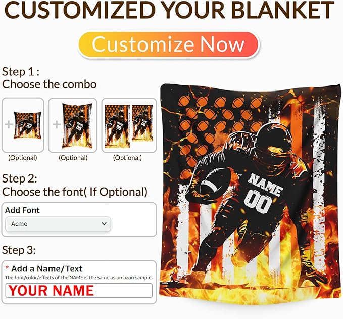 Personalized Football Blankets for Boys Men, Cool Throw Blanket for Adults Football Lovers Team Players, Custom Name 60x80 Soft Throws for Couch Sofa