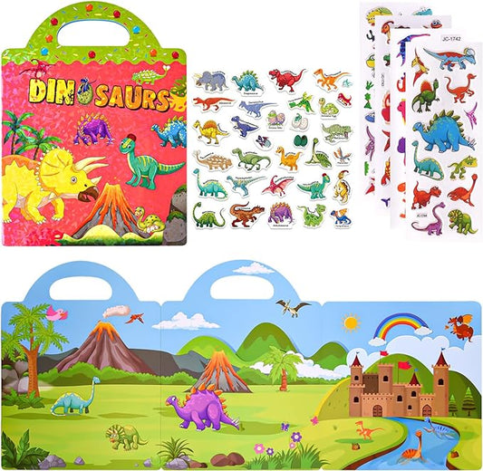 ASTARON Reusable Sticker Book for Toddlers, 88 Pcs Dinosaur Stickers Road Trip Activities Car Airplane Activities Travel Toys for Kids, Kids Quiet Time Activities (2-6 Age)