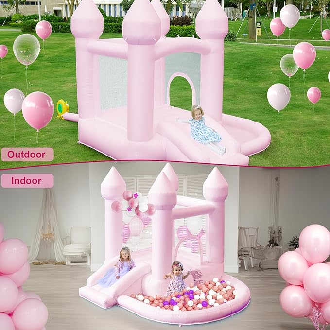 Kids Bounce House, Inflatable Bounce House with Ball Pit & Slide Toddler Bounce House Indoor Portable Fun House Outdoor Bounce House with Blower Moon Bounce Castle for Party 9 * 9 * 7 FT (Pink)