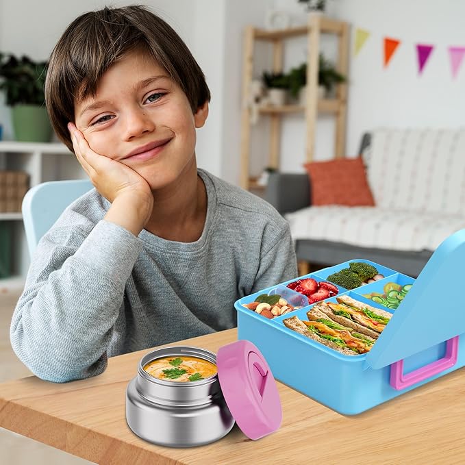 Bento Box for Kids with Thermo Food Container (9oz), 4-Compartment Lunch Box, Adjustable Divider, Leakproof Bento Lunch Box, Includes Utensils & Carry Bag for School, Office(Light Blue)