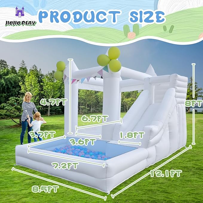 12 FT Oxford White Inflatable Bounce House, Bounce House With Ball Pit, Bounce House With Slide, Indoor And Outdoor Large Inflatable Castles Bounce House for Kids 3-12 Holiday Decoration Wedding Party
