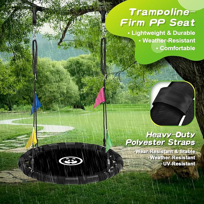48 Inch Saucer Swing, 900lbs Weight Capacity Tree Swing Sets for Backyard 2 Added Hanging Straps Adjustable Multi-Strand Ropes and Center Swivel Spinner, Gifts for Kids and Family, Black