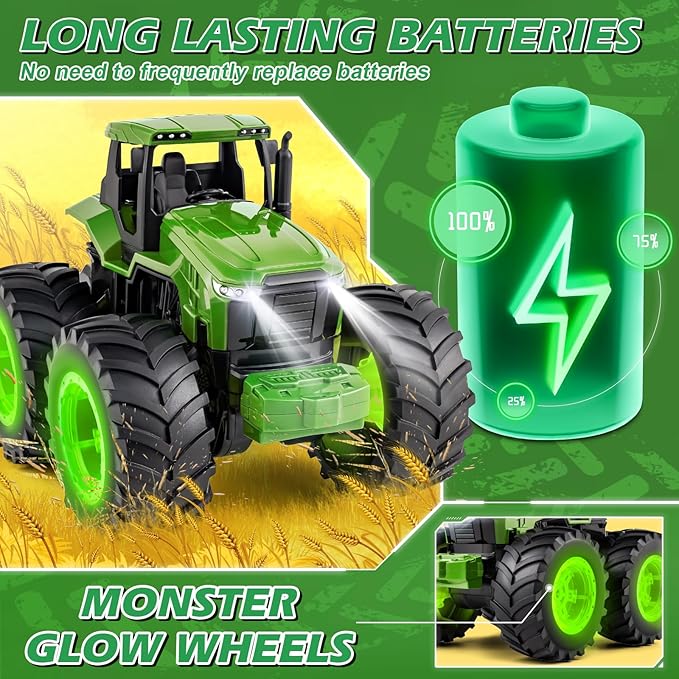 Remote Control Tractor Toys for Kids 3-5, Light Up Monster Trucks Toy for Boys 3,4,5,6,7 Year Old, Toddlers RC Farm Vehicle Toys for Ages 3-7 Years Old, Ideal Birthday Toys Gift for Boys Girls