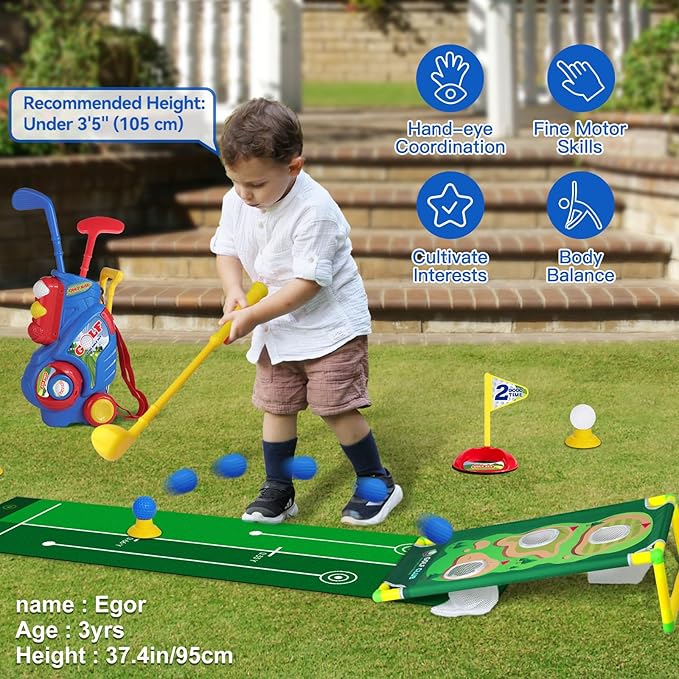Toddler Golf Set for Boys Girls 2 3 4 5 Years Old, Upgraded Kids Golf Cart with Putting Mat & Cornhole Board, Outdoor Indoor Sports Christmas Toys, Blue