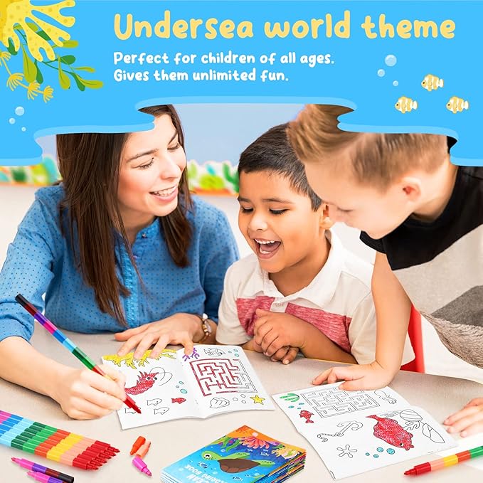 BenLouis 12 Under the Sea Mini Coloring Books Kids with 12 Stacking Crayons Ocean Animals Party Favors Small Activity Books Bulk for Kids Fish Birthday Party Gift Goodie Bag Stuffers