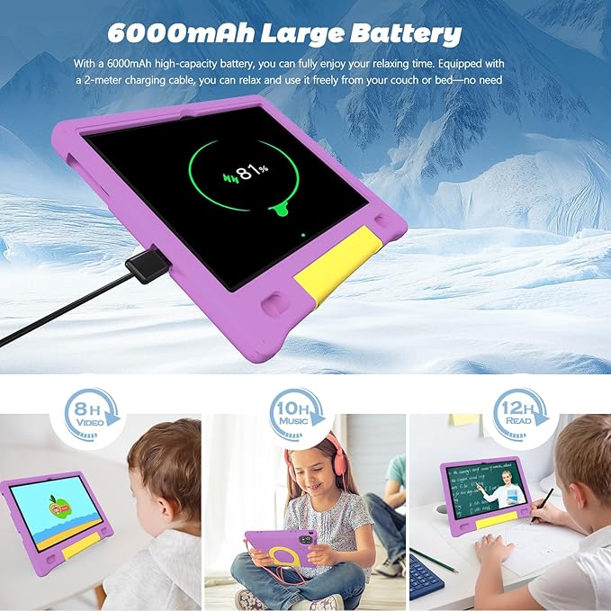Kids Tablet 10", Android 14, 8GB+64GB (1TB Expandable), Octa-Core, 1280×800 HD Display, Dual Cameras, 12-Hour Battery, Parental Controls, Childs Tablet with Shockproof EVA Case