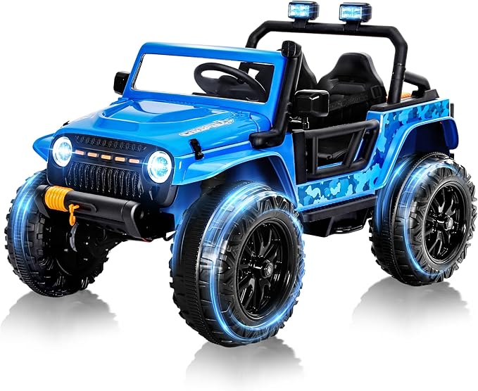 24V 4WD Ride on Jeep for Kids, Electric Ride on Car with Remote Control, LED Lights, Bluetooth Music, Off-Road Power Wheels, Toy Gift for Boys & Girls Ages 3+, Blue