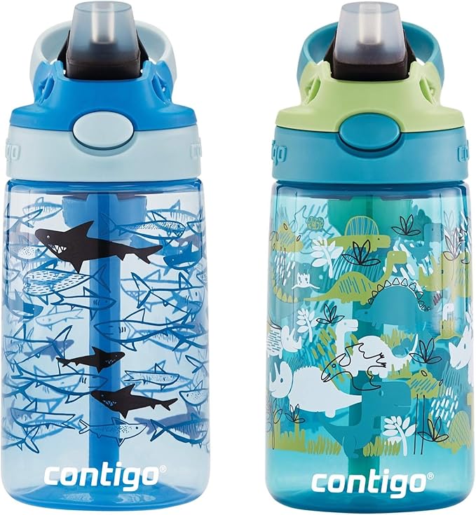 Contigo Aubrey Kids Dinos & Sharks Cleanable Water Bottle with Silicone Straw Spill-Proof Lid Dishwasher Safe 14oz 2-Pack