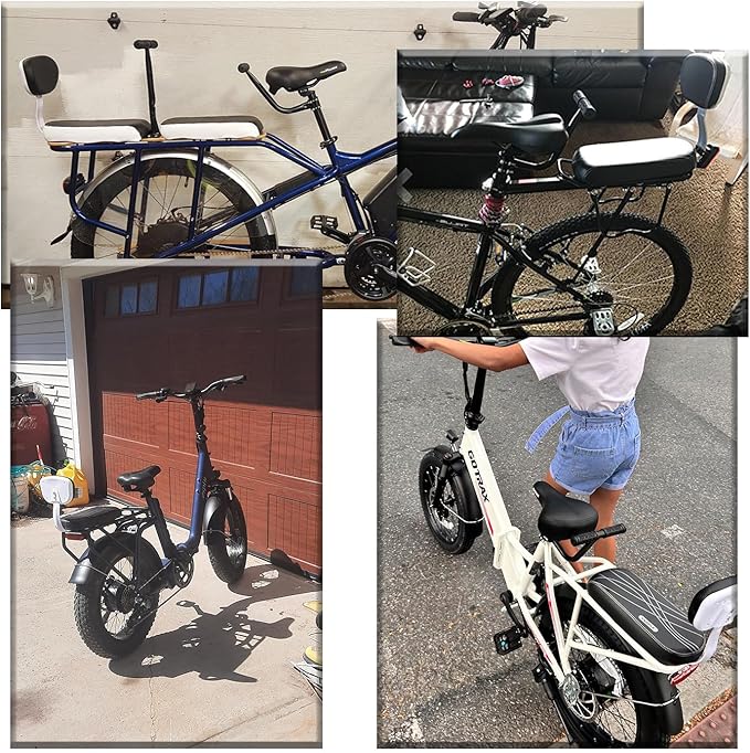 Bike Child Seat Kit, Included Bike Rear Seat Cushion with Safety Cycling Backrest + Backseat Armrest Handrail + Foldable Hidden Bicycle Footrests + Universal Handlebar Bell + Installing Tools