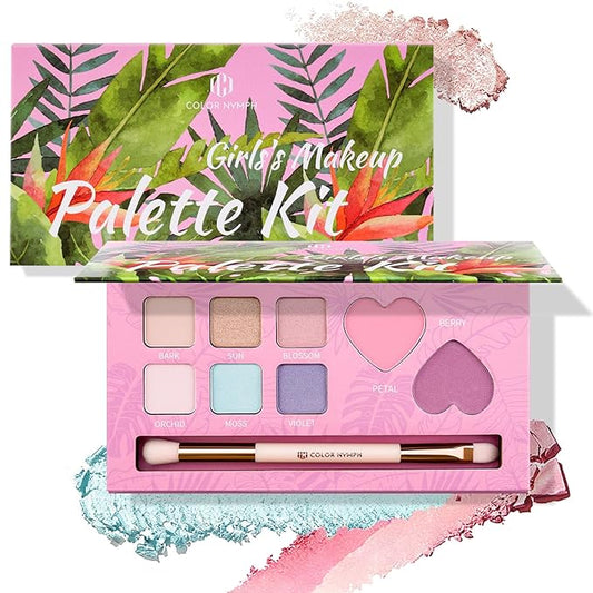 Color Nymph Girls Eye & Cheek Makeup Palette Kit - Eyeshadow & Blush & Highlighter Palette for Teens Girls Tweens, Beginner-Friendly, Gentle Makeup Kits for Starter, Makeup Gift for Christmas (Pink)