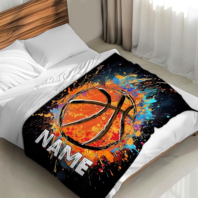 Personalized Basketball Blanket Gifts with Name, 60x50 Inches Sports Throw Blanket for Basketball Lover Kids Teens Adults, Black Soft Fuzzy Blankets for Couch Sofa Bed