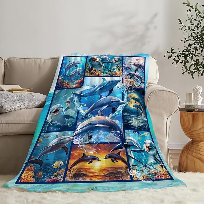 Dolphin Blanket Ultra Soft Cozy Dolphin Throw Blanket Fleece Fuzzy Plush Bedding Marine Life Lovers Gifts for Women Girls Kids Adults Couch Sofa 80"x60"