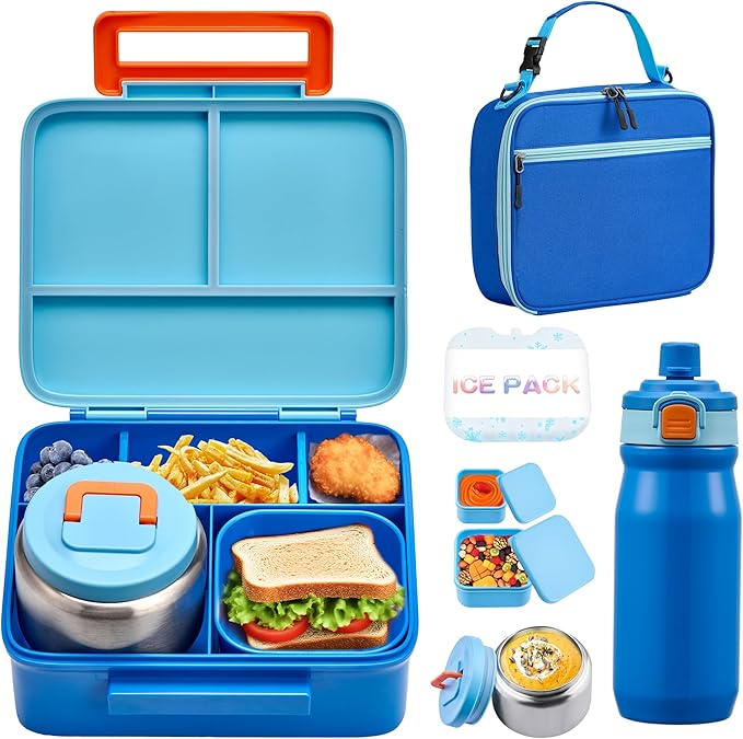 MAISON HUIS Bento Box for Kids with 8oz Soup Thermo, Leak-proof Lunch Food Containers with 5 Compartment, Insulated Lunch Bag & 17oz Stainless Steel Water Bottle for School, Trvael