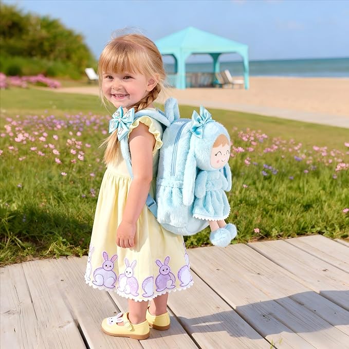 Gloveleya Back to School Gifts for Girls Toddler Backpack Kids Backpack Baby Girl Gift Plush Bag with Pure Blue Rabbit Doll Aged 2+