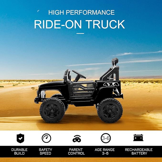 Aosom 12V Kids Ride On Truck with Parent Remote Control, Battery Powered Electric Car with Spring Suspension, Adjustable Speed, LED Lights and Horn, Black
