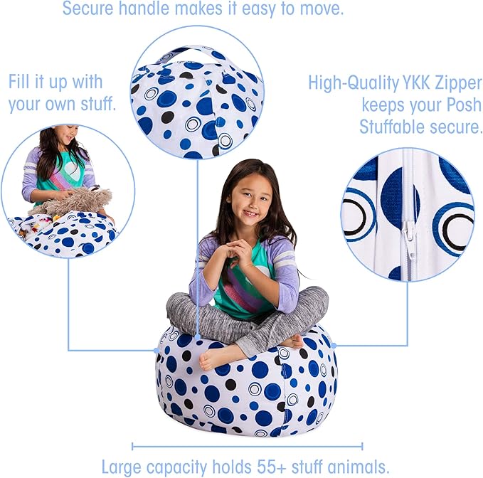 Posh Stuffable Kids Stuffed Animal Storage Bean Bag Chair Cover - Childrens Toy Organizer, Medium 27" - Canvas Bubbles Blue and White