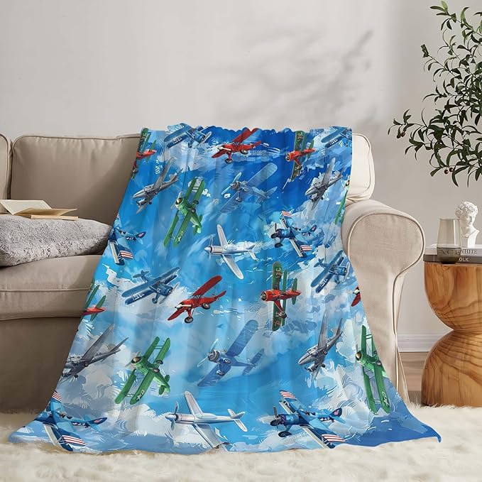 Airplane Blanket Cute Aircraft Plane Throw Blanket Gifts for Girls Women Kids Boys Adults Men Super Soft Cozy Plush Fluffy Fuzzy Fleece Blanket Home Decor 50''X60''