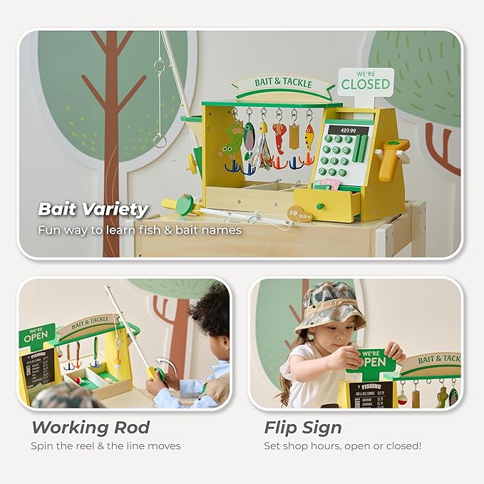 Teamson Kids Fishing Shop Playset with Cash Register & Scanner, Wooden Role Play Counter for Toddlers, Pretend Market Toy with Fish & Accessories, STEM Gift for Ages 3+