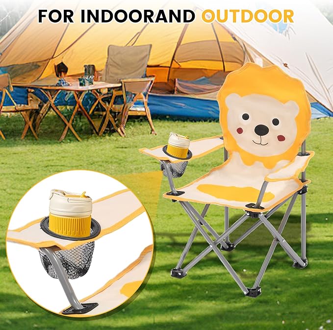 XMT Kids Folding Chair with Cup Holder - Portable Lightweight Outdoor & Indoor Chair for Children Ages 3-9, Anti-Slip Base, Sturdy Metal Frame, Compact Foldable Design with Carry Bag (Yellow/Brown)