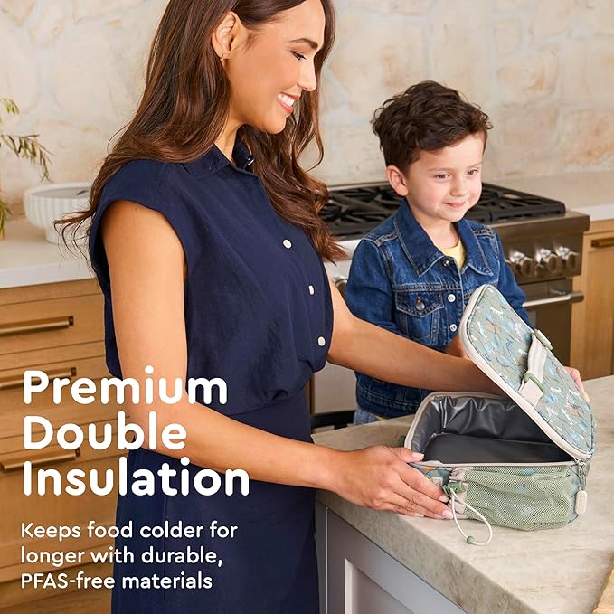 Bentgo Kids Lunch Bag - Durable, Double-Insulated Lunch Bag for Kids 3+; Holds Lunch Box, Water Bottle, & Snacks; Easy-Clean Water-Resistant Fabric & Multiple Zippered Pockets (Dino Fossils)