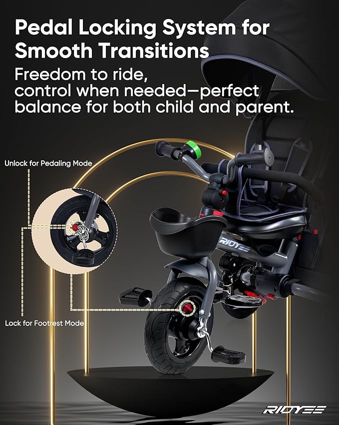 7-in-1 Folding Toddler Tricycle for 18 Months to 5 Years, Tricycle Stroller with Dual Brakes, All-Terrian Rubber Tire, Tricycle for Toddlers with Rotatable Seat, Adjustable Push Handle, Grey