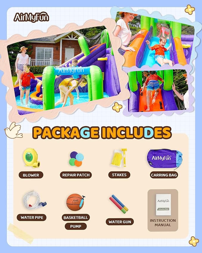 AirMyFun Water Slide InflatableBounce House for Kids with Blower. Family Backyard Bouncy Castle with Fun Doorway Tunnel, Climbing Wall,Long Safe Return Curved Slide and Ball Shooting