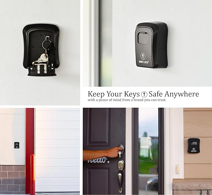 Iron Lock® Wall Mount Key Lock Box for Keys 4 Digit Combination with Resettable Code with A B Switch Indoor Outdoor Waterproof House Key lockbox for Spare House Keys 5 Capacity (Medium, Black)