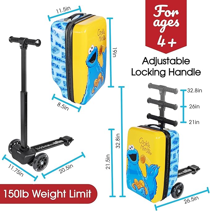 KIDDIETOTES Sesame Street 4-in-1 Detachable Scooter Luggage for Kids – Cookie Monster – Ride-On Suitcase with Removable Luggage Body, Adjustable Handlebar, Durable Deck & Brake – Carry-On Travel Bag