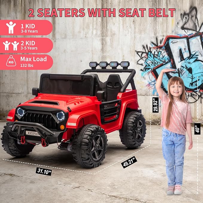 2 Seater Ride on Car Toy for Kids, 24V 4x4 Ride-on Truck, w/Parent Control, Soft Start, 3 Speed, 4-Wheeler Suspension, Bluetooth, LED Lights, Electric Car for Kids Toddler Ages 3-8, Red
