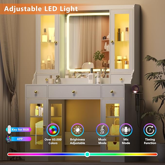 Makeup Vanity Desk with Mirror and Lights, 41" White Vanity Set with 5 Drawers & 4 Glass Cabinets, Power Outlet & Adjustable LED Lights, Dressing Table for Women & Girls Bedroom
