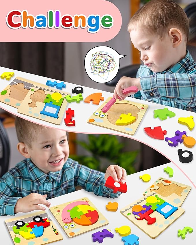 Yetonamr Wooden Toddler Puzzles Gifts Toys for Boys Girls, 8 Vehicle Shape Montessori Toy Educational Blocks Kids Toys Gift Baby Learning Toy