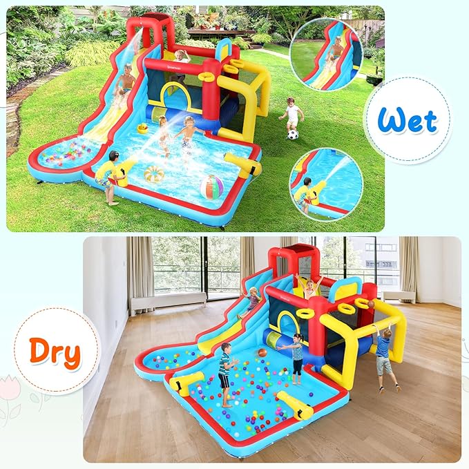 Water Slide Bounce House with Blower, Kids Inflatable Water Slide Park Indoor Outdoor Fun Wet Dry Combo Bouncy House Castle w/Splash Pool, Climbing Wall, Cannon, Basketball Hoop, Football Gate