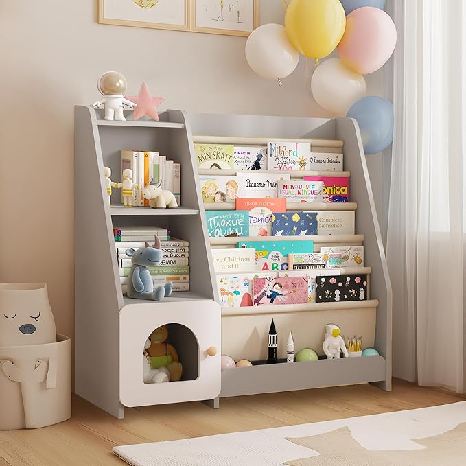 FKWin Kids Bookshelf, Kids Toy Storage Organizer, Baby Storage Book Rack, 4 Tier Kids Wooden Bookshelves, 5 Layer Sling Bookcase for Playroom, Bedroom, Living Room, Kids Room, Nursery, School (Gray)