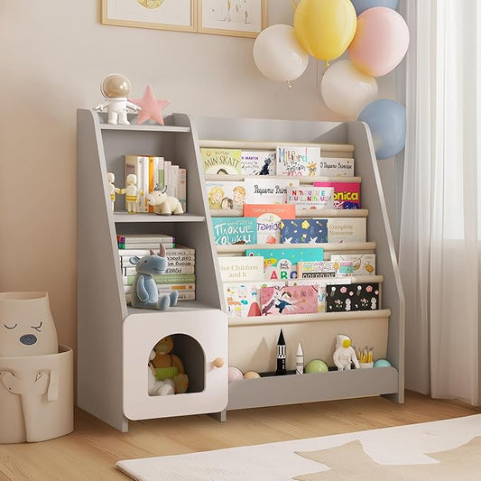 FKWin Kids Bookshelf, Kids Toy Storage Organizer, Baby Storage Book Rack, 4 Tier Kids Wooden Bookshelves, 5 Layer Sling Bookcase for Playroom, Bedroom, Living Room, Kids Room, Nursery, School (Gray)