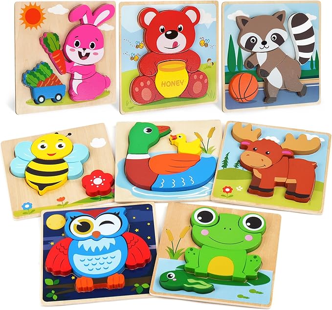 BenBen Wooden Puzzles for Toddlers 1-3, 8 Pack Animal Puzzles for Toddlers 2-4, Montessori Toys for 1 2 3 Year Old Boys Girls, Learning Educational Preschool Toys