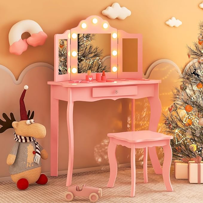 Costzon Kids Vanity, Girls Vanity Set with Mirror and Stool and Lights, Drawer, 2 in 1 Wooden Princess Makeup Desk Dressing Table, Toddler Vanity, Kids Vanity Table and Chair Set (Pink)
