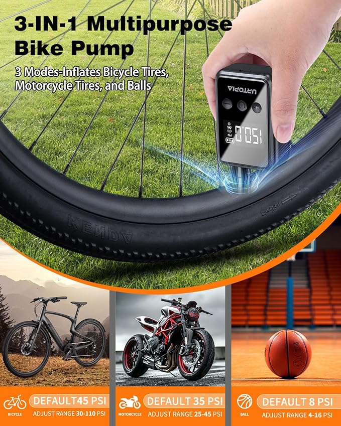 URTOPIA Mini Bike Tire Pump, Fast Inflate Bicycle Pump with Gauge, Rechargeable 150PSI Portable Electric Bike Air Pump with Presta and Schrader Valve for Road Bike, Ebike, Motorcycle, Ball