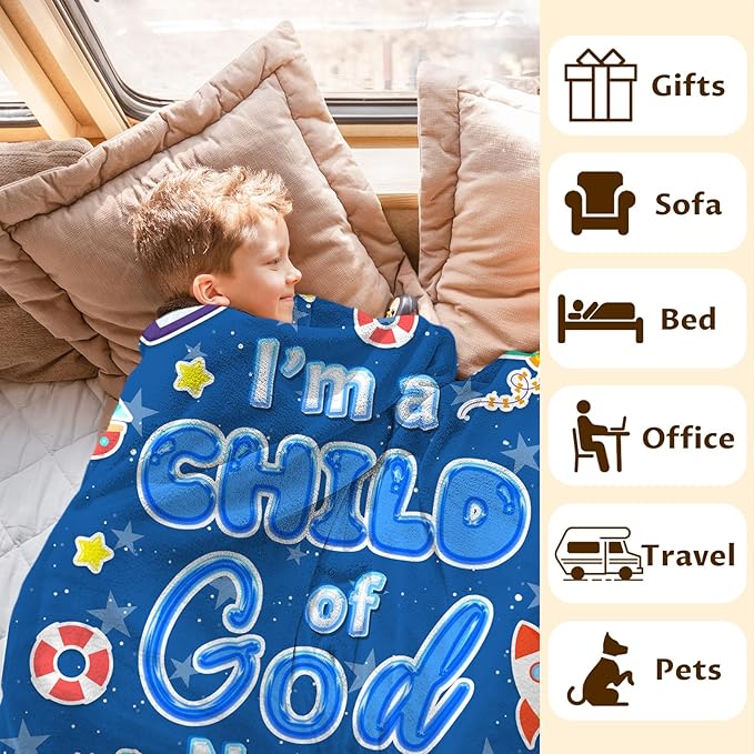 Personalized Blanket for Boys, Christian Throw Blanket Gifts for Kids Teens, 50"x60" Blue Cute Custom Flannel Blankets for Boys Age 8-10 Lightweight Throws for Couch Sofa Bed Decor, Christian Gift