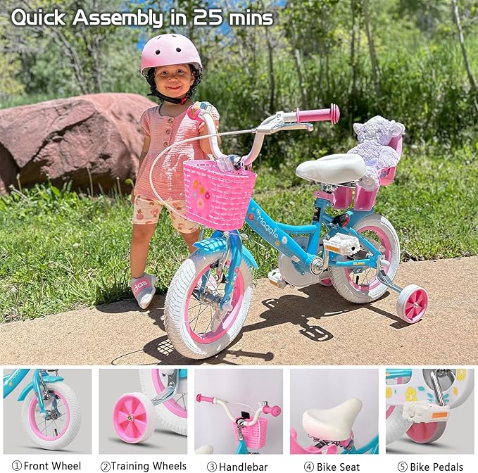 Glerc Maggie Girls Bike, 12-20 Inch Kids Bike for 2-13 Years Old Children, Princess Style Kids Bicycle with Doll-Seat & Basket & Training Wheels, Multiple Colors