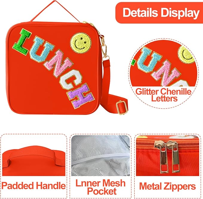 Insulated Lunch Bag With Adjustable Shoulder Strap, Nylon Preppy Lunch Box Large Insulated Lunch Bag Reusable Lunch Tote Bag with Smiley Preppy LunchBag for Girls School Travel Picnic (Orange)