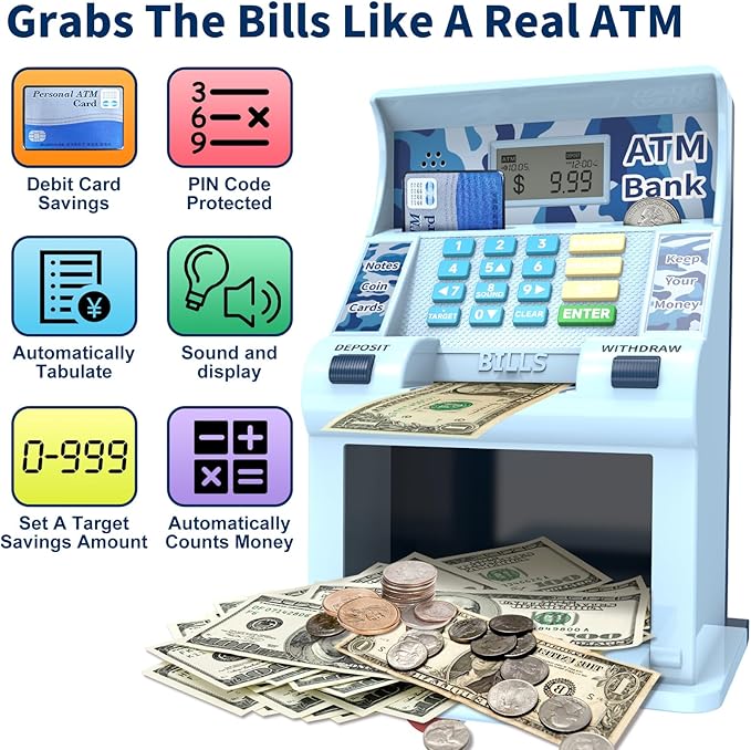 ATM Piggy Bank for Kids, Kids Bank for Real Money with Debit Card, Coin Recognition, Target Setting, Bill Feeder, Balance Calculator, Savings Machine Box, Gifts for Teen Boys Girls