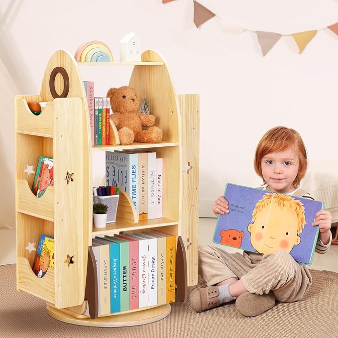 OOOK Rocket Rotating Bookshelf for Kids, 360 Display Spinning Bookshelf Tower with Large Capacity Design, Montessori Toy Shelf for Kids Rooms, Classroom, Play Room