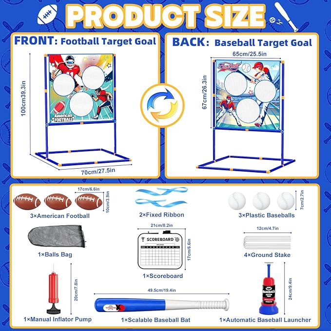 2-in-1 Football & Baseball Toss Target Games for Kids 4-8 8-12, 3-Hole Double-Sided Strike Zone with T Ball Set and Ball Launcher for Toddlers, Indoor Outdoor Toys Backyard Sport Gifts for Boys