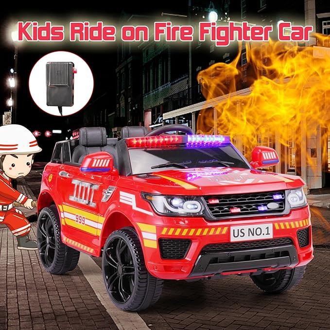 TOBBI Fire Truck Ride on Toys 12V Fire Engine Giant Firetrucks Firefighter Fireman Ride On Car with Remote Control, Siren-Call, Walkie-Talkies, Bluetooth for Toddlers, Red