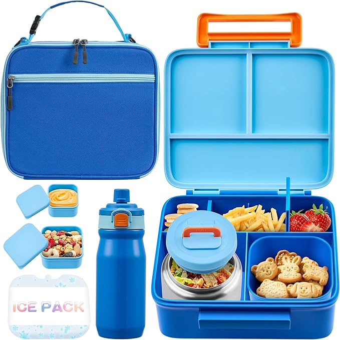 Bento Lunch Box for Kids with Thermos, Leakproof Bento Box with 8oz Insulated Food Jar, Insulated Bottle, Lunch Bag, BPA Free Dishwasher Safe 4 Compartment Container for School Girls Boys (Blue)