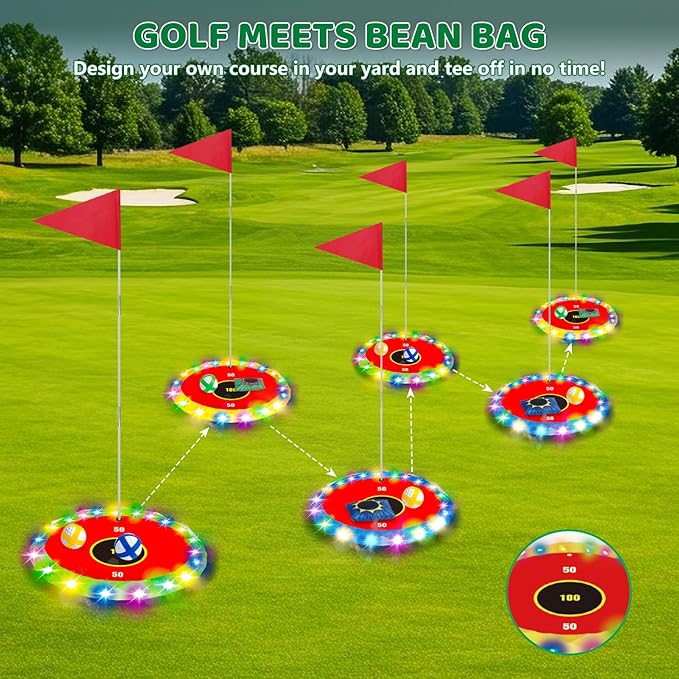 Light Up Golf Play Set - Upgraded Backyard Golf Chipping Game with 6 LED Targets, 2 Clubs, 18 Balls, 6 Bean Bags, Night Golf Toys Gifts for Kids Golfers Family Indoor Outdoor Beach Lawn Park