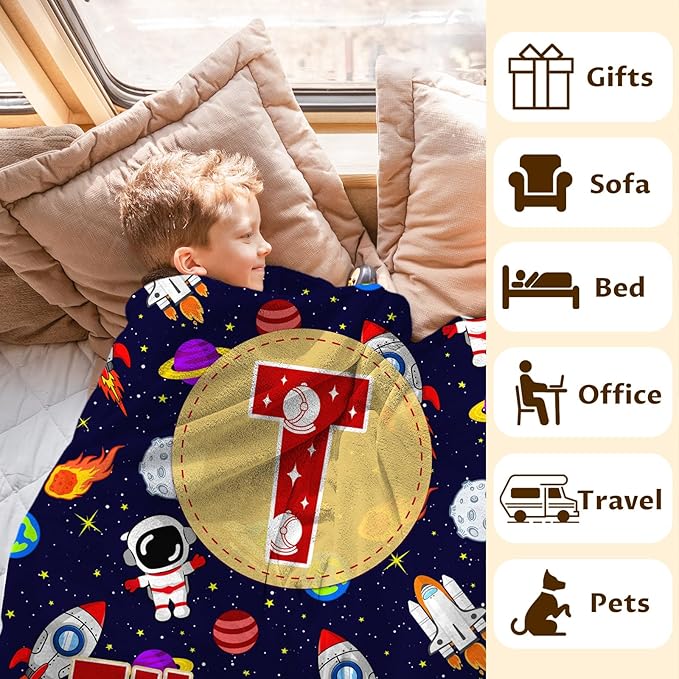 Personalized Blanket Gifts for Kids Boys, Custom Planet Throw Blanket with Initial Letter Soft Cozy Fuzzy Bed Throws, 4 Sizes Optional Kids Blankets for Couch Sofa Bed