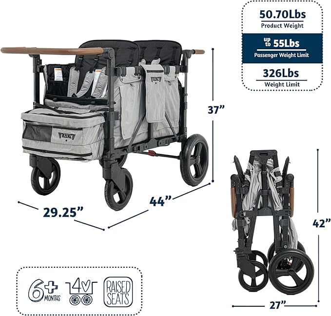 Keenz XC+ EVO - Luxury Comfort Stroller Wagon | Foldable 4 Passenger with Adjustable Canopy | Grey