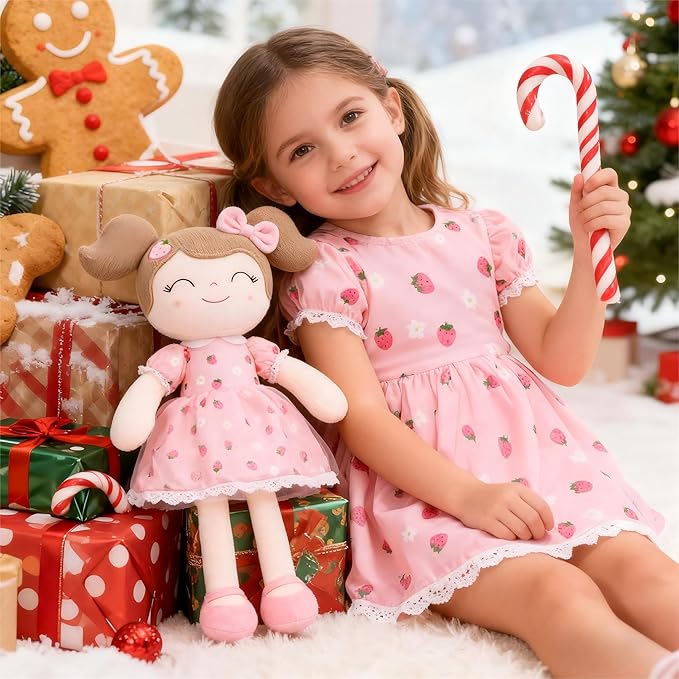 Gloveleya Baby Girl Gift – Strawberry Pink Plush Doll with Gift Box, Soft First Baby Doll for Toddler Girls, Birthday Present, Baby Shower & Holiday Keepsake
